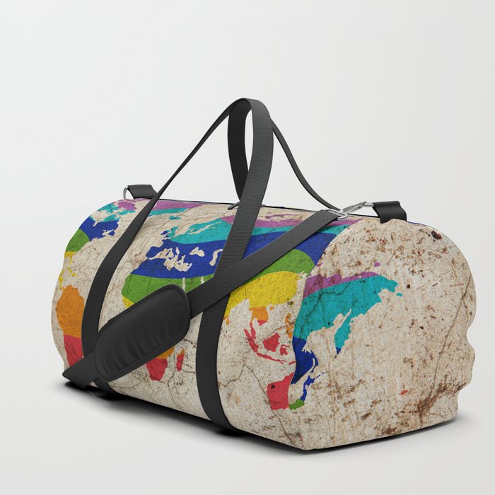 Rainbow color painted world map on dirty old grunge cement wall Duffle Bag