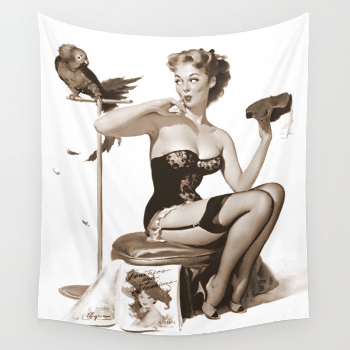 No You Don't by Gil Elvgren Sepia Pin Up Girl Wall Tapestry