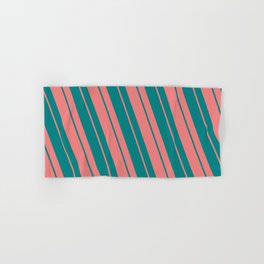 [ Thumbnail: Light Coral & Teal Colored Striped/Lined Pattern Hand & Bath Towel ]