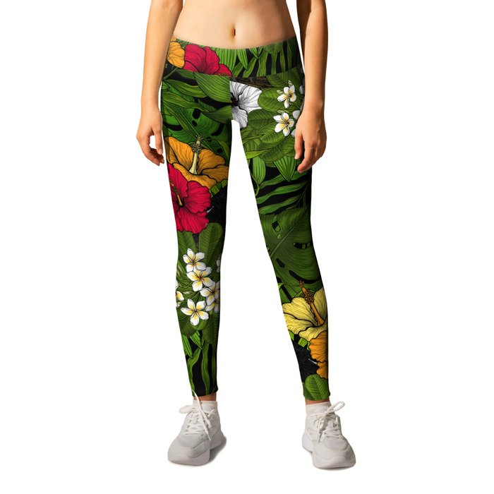 Toucans and tropical flora, green, yellow, red and orange Leggings