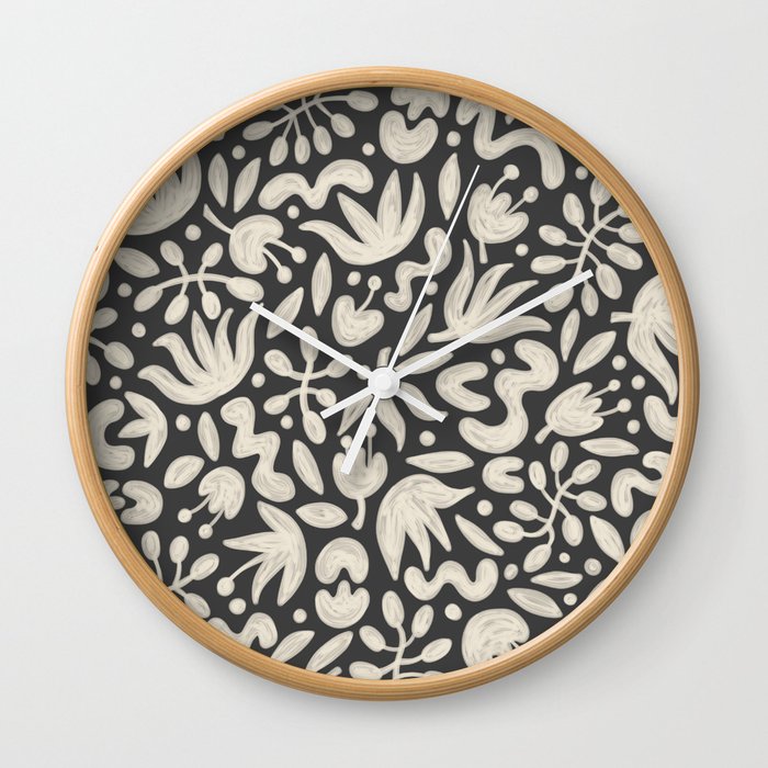 Florals in Off White and Spade Black | Hand Painted Pattern Wall Clock
