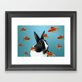 Black and White Rabbit with gold fishes Framed Art Print