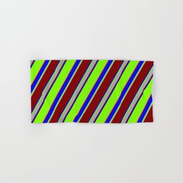 [ Thumbnail: Chartreuse, Dark Gray, Maroon & Blue Colored Lines/Stripes Pattern Hand & Bath Towel ]