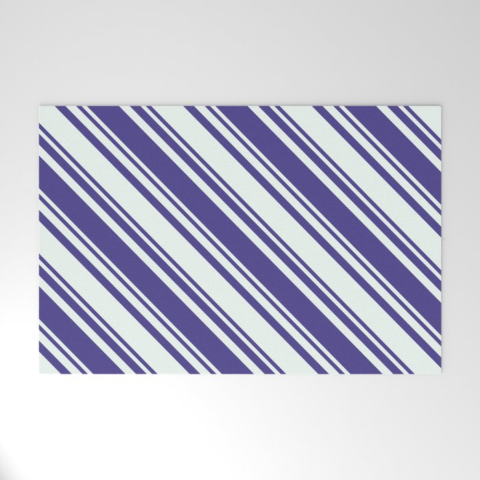 Dark Slate Blue & Mint Cream Colored Stripes/Lines Pattern Welcome Mat