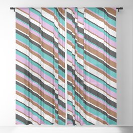 [ Thumbnail: Eye-catching Light Sea Green, Plum, Brown, White, and Black Colored Pattern of Stripes Sheer Curtain ]