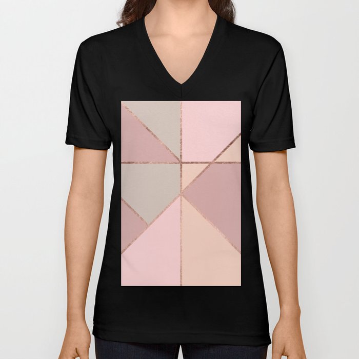 Modern rose gold peach blush pink color block V Neck T Shirt
