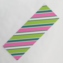 [ Thumbnail: Hot Pink, Teal, Green, and Light Cyan Colored Stripes/Lines Pattern Yoga Mat ]