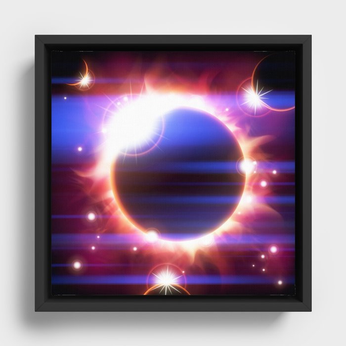 An outer space background with an eclipse, planets and stars.  Framed Canvas