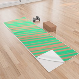 [ Thumbnail: Green & Light Salmon Colored Striped/Lined Pattern Yoga Towel ]