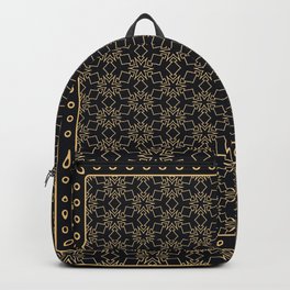 Black and gold abstract graphic pattern. Geometric ornament with frame, border. Line art, lace, embroidery background. Bandanna, shawl, scarf, tablecloth design Backpack