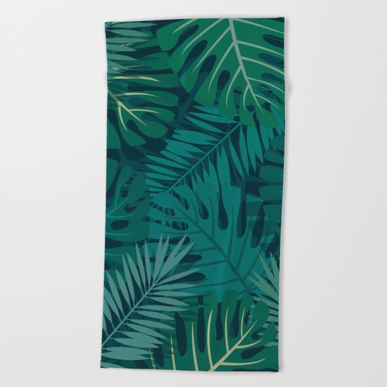 Dark Tropical Leaves Beach Towel