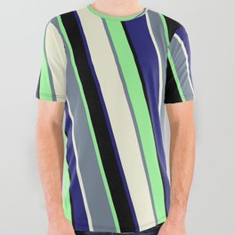 [ Thumbnail: Vibrant Slate Gray, Beige, Midnight Blue, Black, and Green Colored Stripes/Lines Pattern All Over Graphic Tee ]