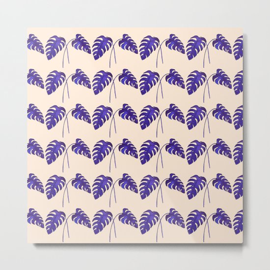 Indigo Monstera Leaf Watercolor on Blush Metal Print