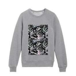 Rabbits in a field with flowers. Graphic abstract black and white landscape Kids Crewneck
