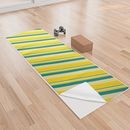 [ Thumbnail: Teal, Pale Goldenrod & Yellow Colored Lines Pattern Yoga Towel ]