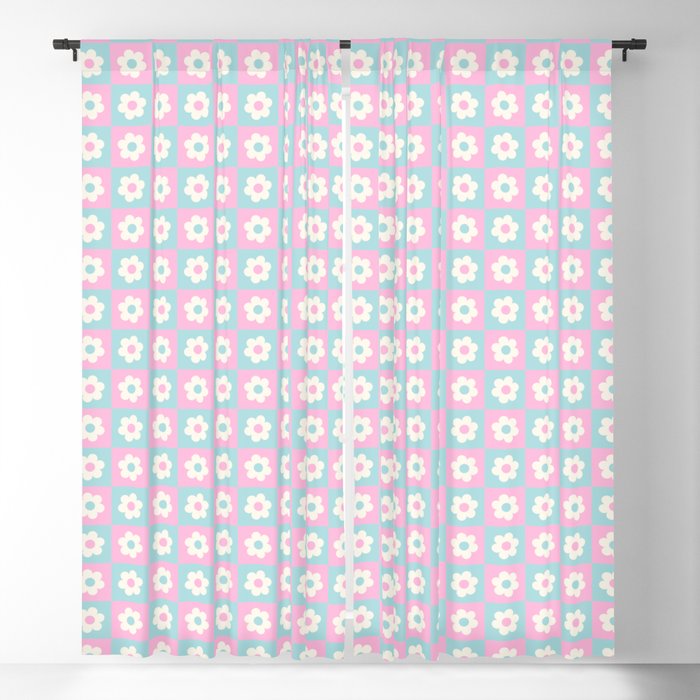 Checkered Daisies in Pink and Blue Blackout Curtain