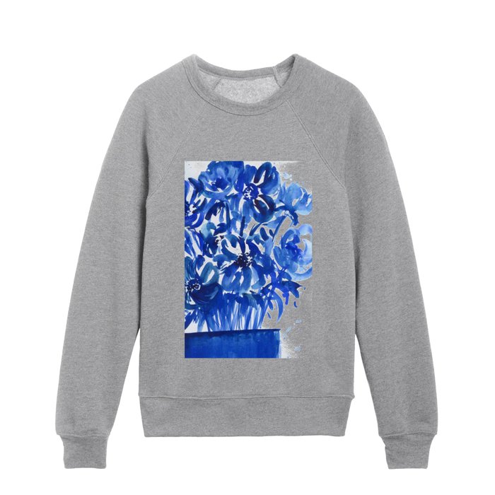 blue flowers in blue vase Kids Crewneck