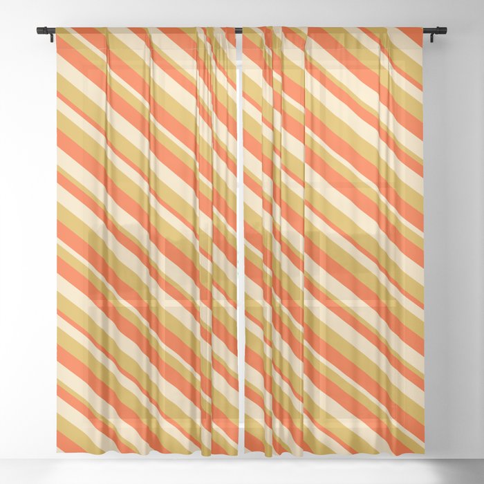 Red, Beige, and Goldenrod Colored Lined Pattern Sheer Curtain