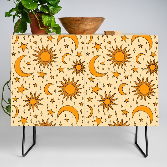 Vintage Sun and Star Print Credenza