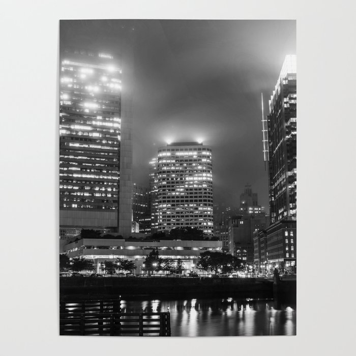 Foggy Night over the Boston Skyline Fort Point Channel Black and White Poster