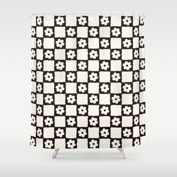 Retro Flower Checker in Black&White Shower Curtain