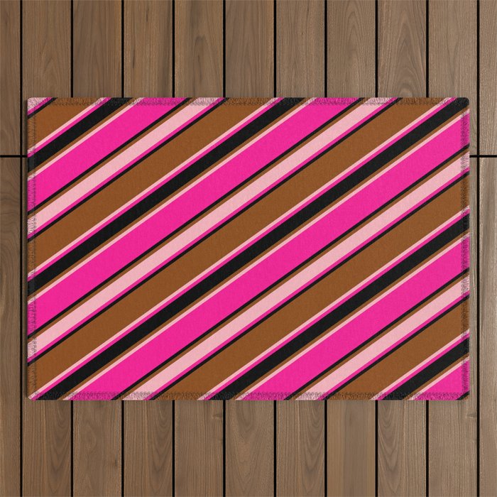 Brown, Light Pink, Deep Pink & Black Colored Stripes/Lines Pattern Outdoor Rug