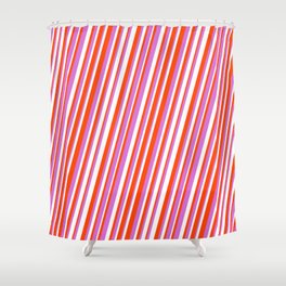 [ Thumbnail: Red, Orchid & White Colored Lined/Striped Pattern Shower Curtain ]