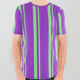 [ Thumbnail: Light Green & Dark Orchid Colored Stripes/Lines Pattern All Over Graphic Tee ]
