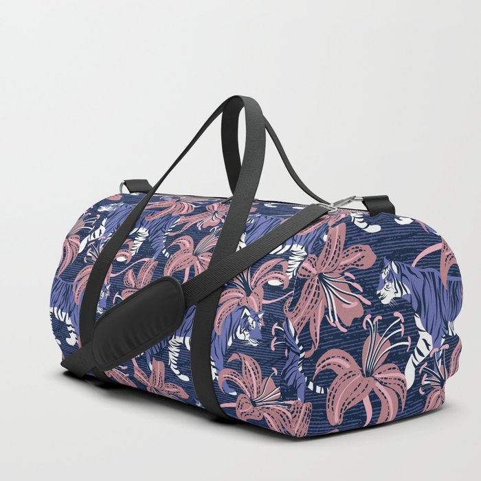 Tigers in a tiger lily garden // textured navy blue background very peri wild animals carissma pink flowers Duffle Bag