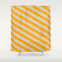 [ Thumbnail: Light Gray & Orange Colored Lines Pattern Shower Curtain ]