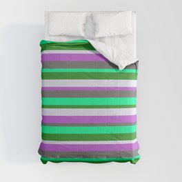 [ Thumbnail: Eyecatching Lavender, Orchid, Dim Gray, Green & Forest Green Lines/Stripes Pattern Comforter ]