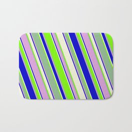 [ Thumbnail: Vibrant Blue, Beige, Green, Dark Sea Green, and Plum Colored Pattern of Stripes Bath Mat ]