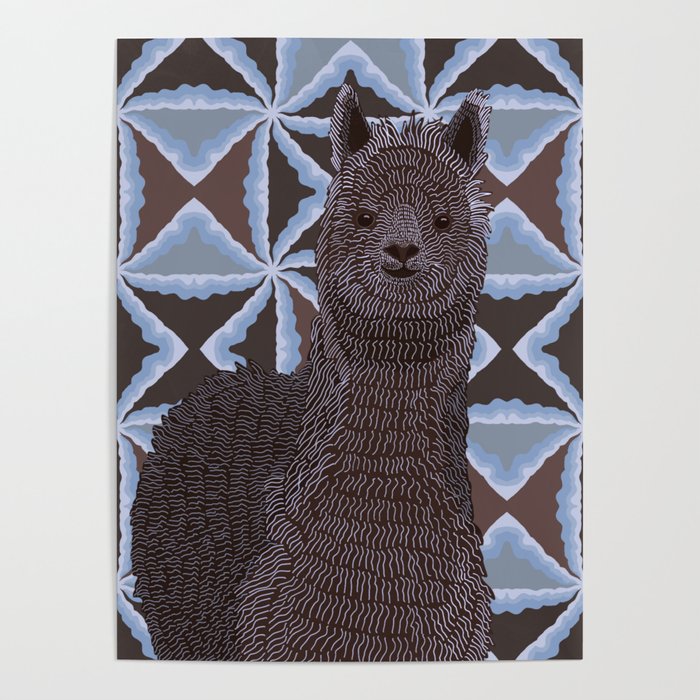 Alpaca standing on brown modern pattern background graphic design Poster