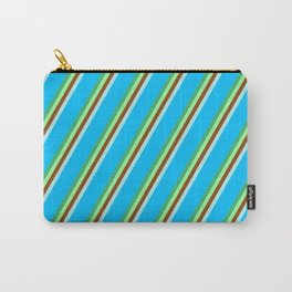 [ Thumbnail: Eyecatching Sea Green, Green, Brown, Turquoise, and Deep Sky Blue Colored Lined Pattern Carry-All Pouch ]