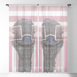 Funny Ostrich with Pink Glasses on Stripe Pattern Sheer Curtain