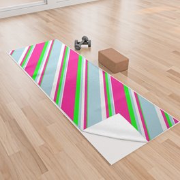 [ Thumbnail: Lime, Deep Pink, White & Light Blue Colored Pattern of Stripes Yoga Towel ]