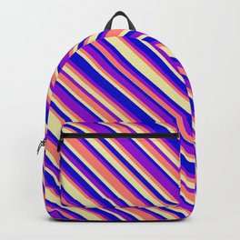 [ Thumbnail: Blue, Dark Violet, Salmon & Pale Goldenrod Colored Lined Pattern Backpack ]
