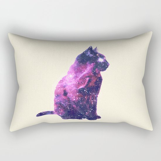 Whimsical Purple Nebula Cat Pink Galaxy Stars Rectangular Pillow