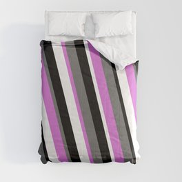 [ Thumbnail: Dim Gray, Orchid, White & Black Colored Stripes/Lines Pattern Comforter ]