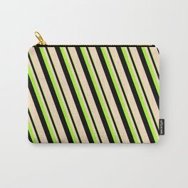 [ Thumbnail: Light Green, Black & Bisque Colored Lined Pattern Carry-All Pouch ]