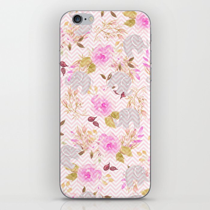 Blush pink gray watercolor hand painted floral elephant chevron iPhone Skin