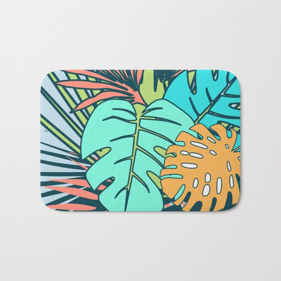 Tropical leaves blue Bath Mat