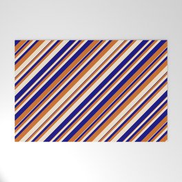 [ Thumbnail: Blue, Chocolate, and Beige Colored Lines/Stripes Pattern Welcome Mat ]