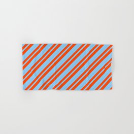 [ Thumbnail: Light Sky Blue and Red Colored Stripes/Lines Pattern Hand & Bath Towel ]