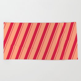 [ Thumbnail: Light Salmon and Crimson Colored Lined Pattern Beach Towel ]