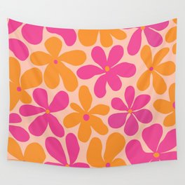  Groovy Pink and Orange Flowers Pattern - Retro Aesthetic  Wall Tapestry