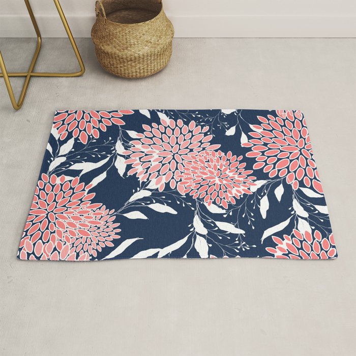 Festive, Floral Prints and Leaves, Pink, White and Navy Blue Rug by
