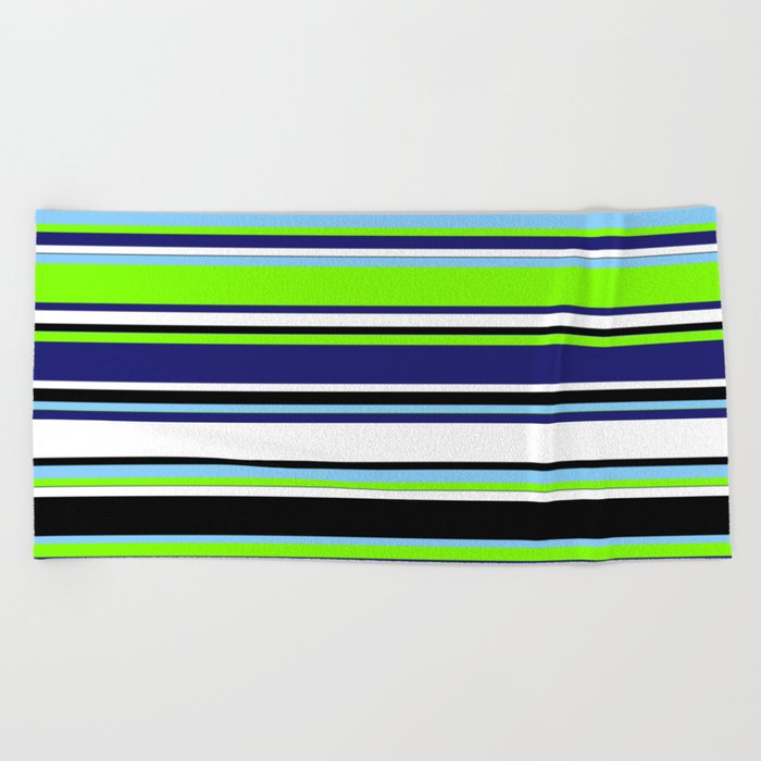 Colorful Light Sky Blue, Chartreuse, Midnight Blue, White & Black Colored Striped/Lined Pattern Beach Towel