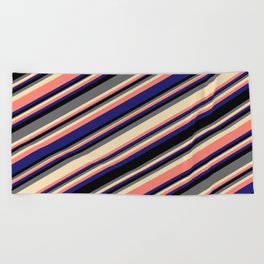 [ Thumbnail: Vibrant Black, Dim Gray, Tan, Salmon & Midnight Blue Colored Stripes Pattern Beach Towel ]