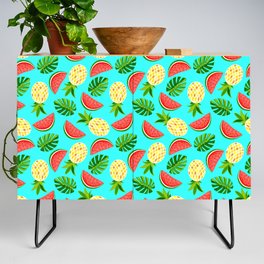 Bright slices of watermelon and pineapple with monstera leaves Credenza